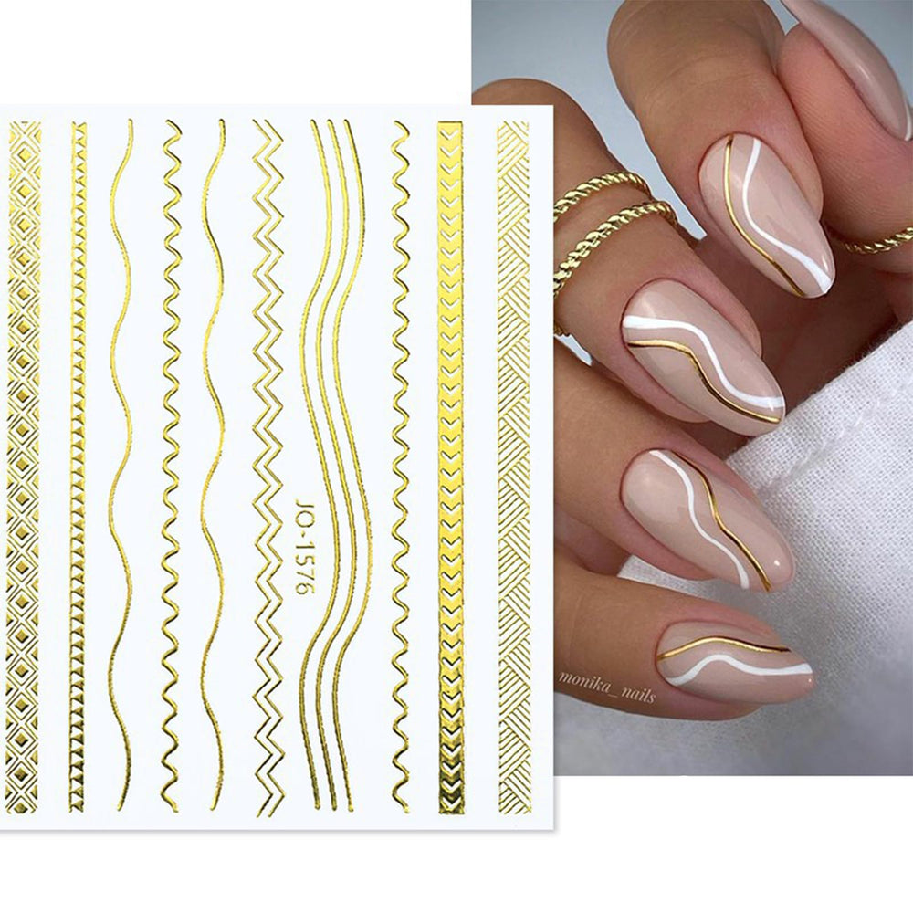 FJSMTOPl: pegatinas uñas oro 3D autoadhesivas para acabado duradero.