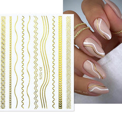 FJSMTOPl: pegatinas uñas oro 3D autoadhesivas para acabado duradero.