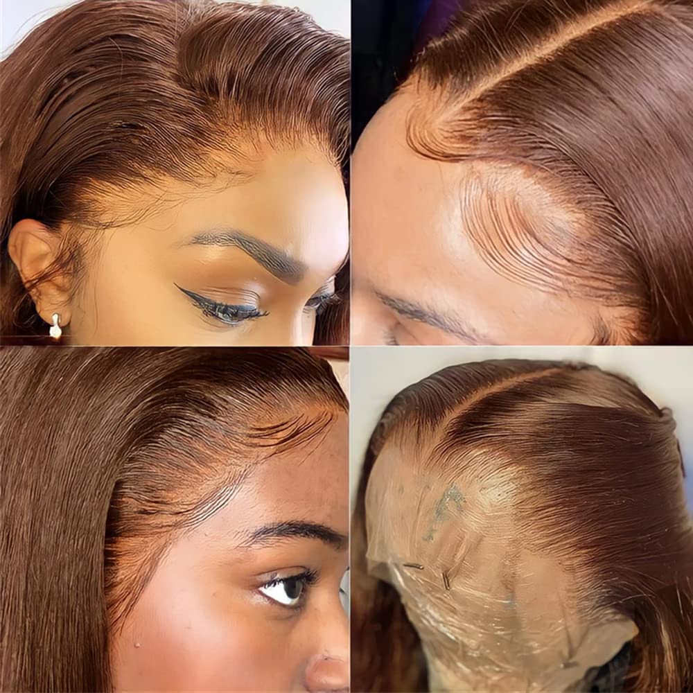 FKFO model wearing 24-inch chocolate brown body wave wig.