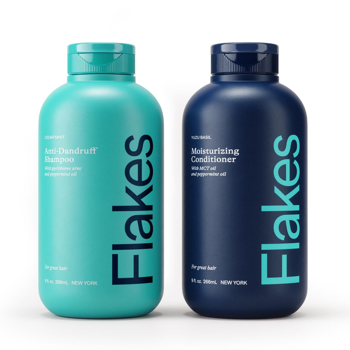 Flakes anti-dandruff shampoo bottle highlights 2% pyrithione zinc for scalp care.