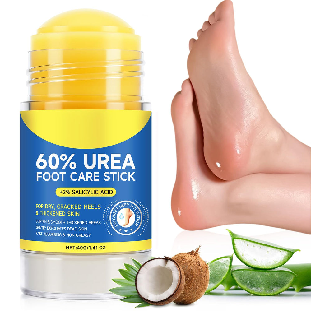 FlameBeauty 60% Urea Cream Stick applied to dry heels, gliding on with soothing relief.
