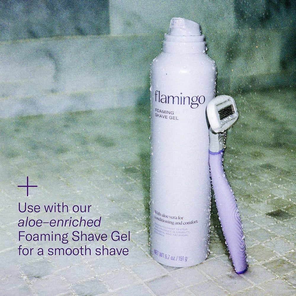 Flamingo 360 Comfort System with lubricating ribbon protects skin during shaving.
