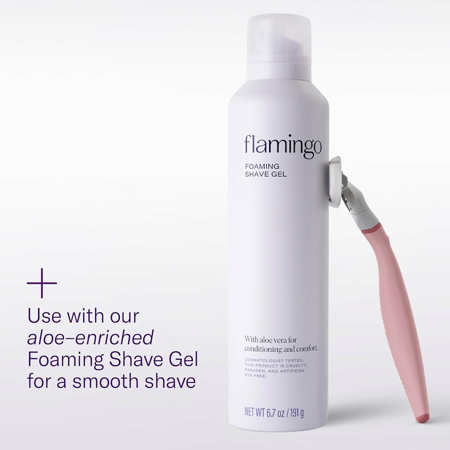 Flamingo blade refill packaging highlights the 360° comfort system and aloe-shea design.