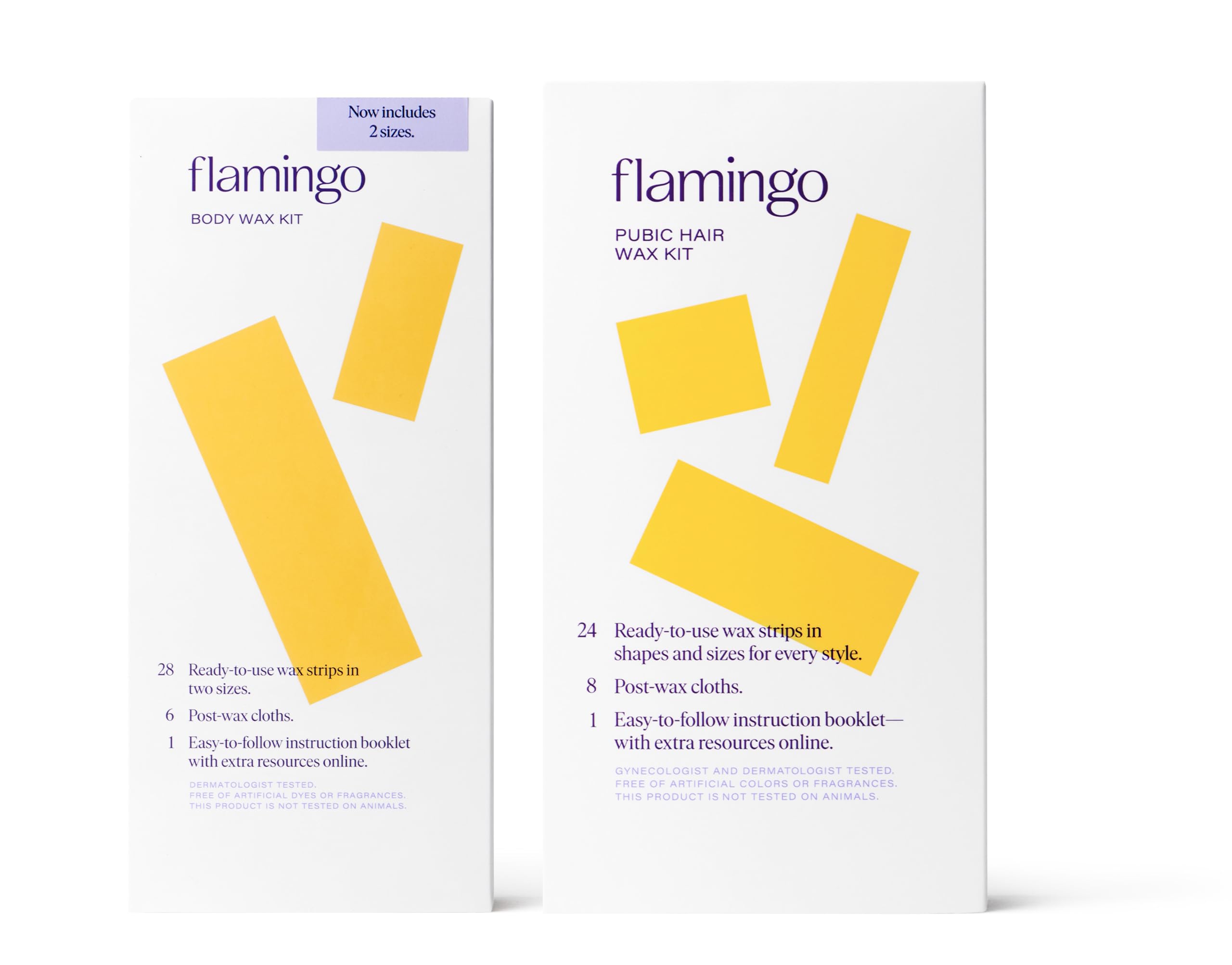 Flamingo Body Wax Kit strips demonstrate no-heat ease for at-home waxing.
