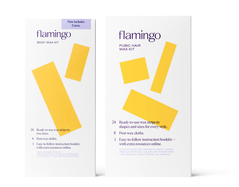 Flamingo Body Wax Kit strips demonstrate no-heat ease for at-home waxing.