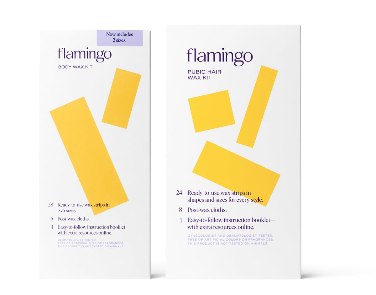 Flamingo Body Wax Kit strips demonstrate no-heat ease for at-home waxing.