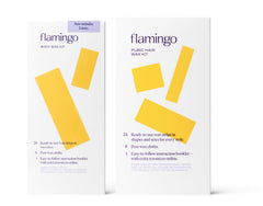 Flamingo Body Wax Kit strips demonstrate no-heat ease for at-home waxing.