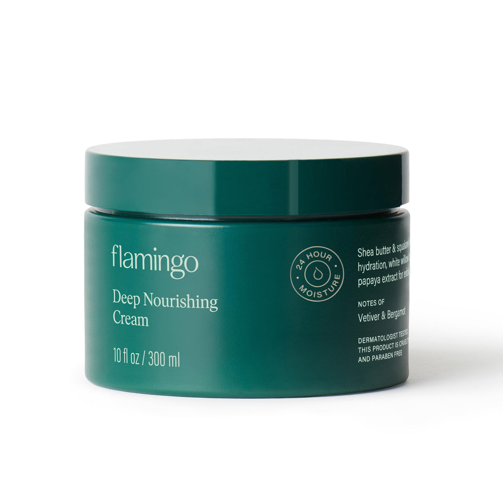 Flamingo Crema Nutritiva Profunda en bote de diez onzas para hidratación diaria.