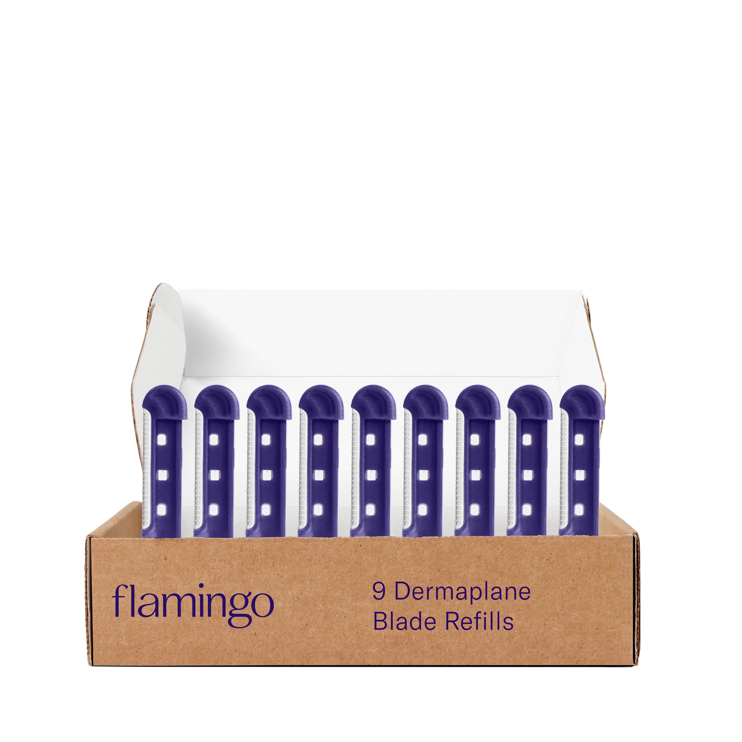 Flamingo Dermaplane blade refill close-up with stainless steel blades for precise exfoliation.