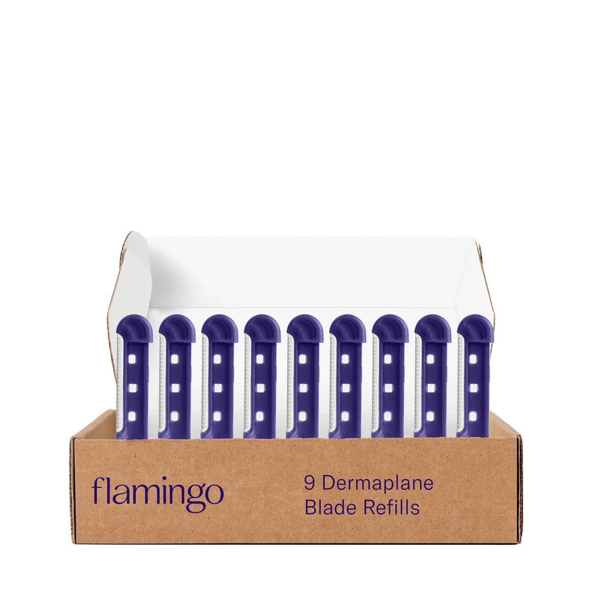 Flamingo Dermaplane blade refill close-up with stainless steel blades for precise exfoliation.