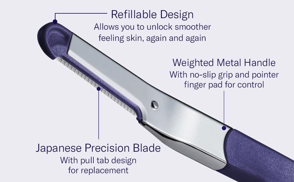 Flamingo Dermaplane razor shown with refill for seamless smoothing.