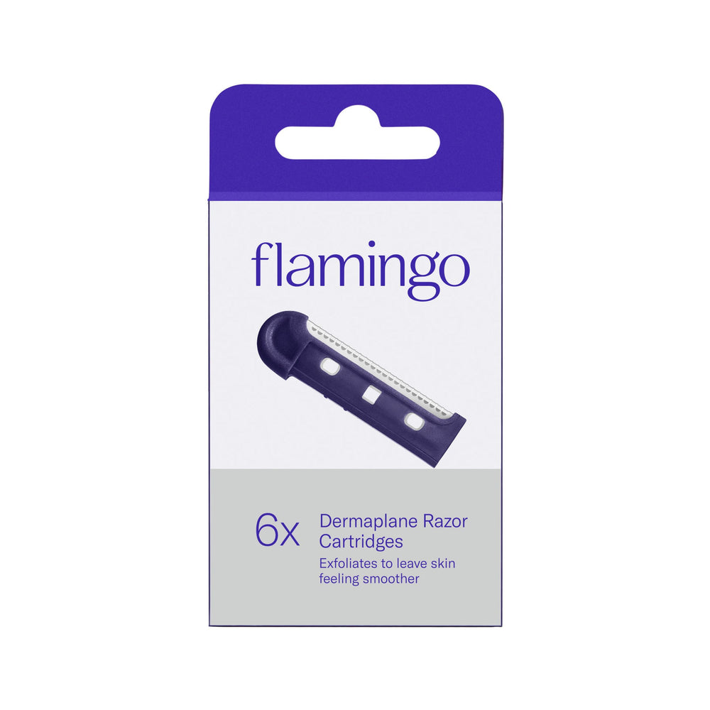 Flamingo Dermaplane refills with six blades for gentle peach fuzz removal.
