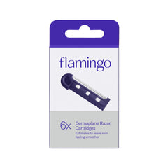 Flamingo Dermaplane refills with six blades for gentle peach fuzz removal.