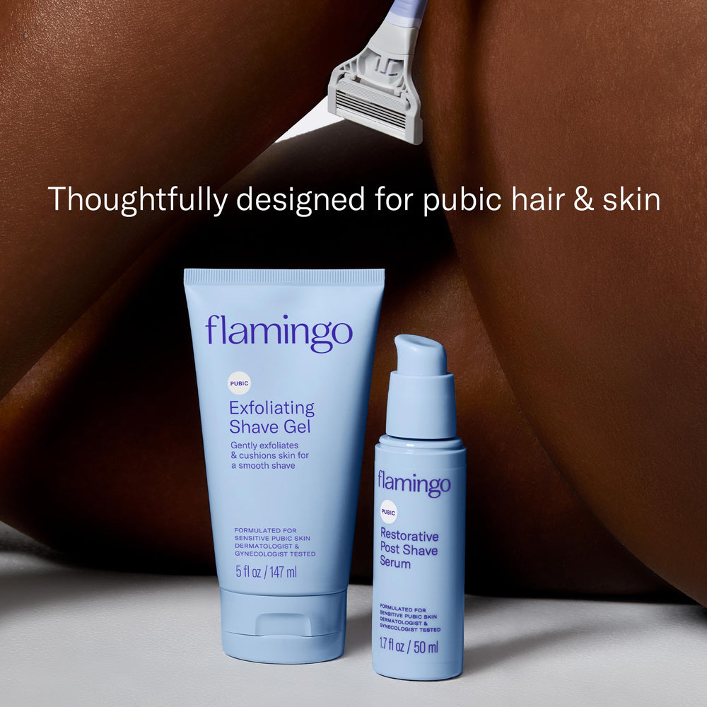 Flamingo exfoliating shave gel bottle with 5 fruit acids for skin prep