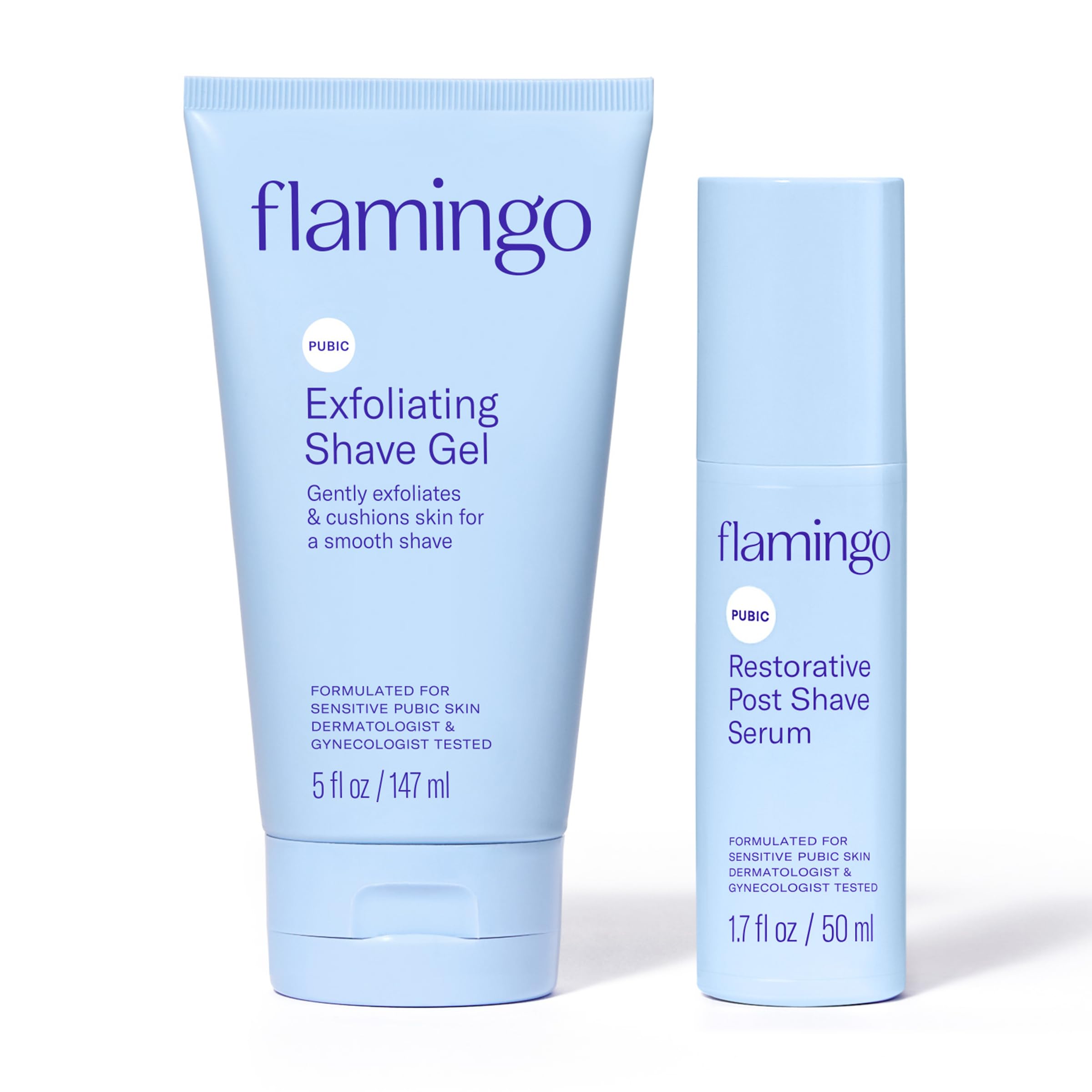 Flamingo Exfoliating Shave Gel bottle shows gentle exfoliation for a smoother shave