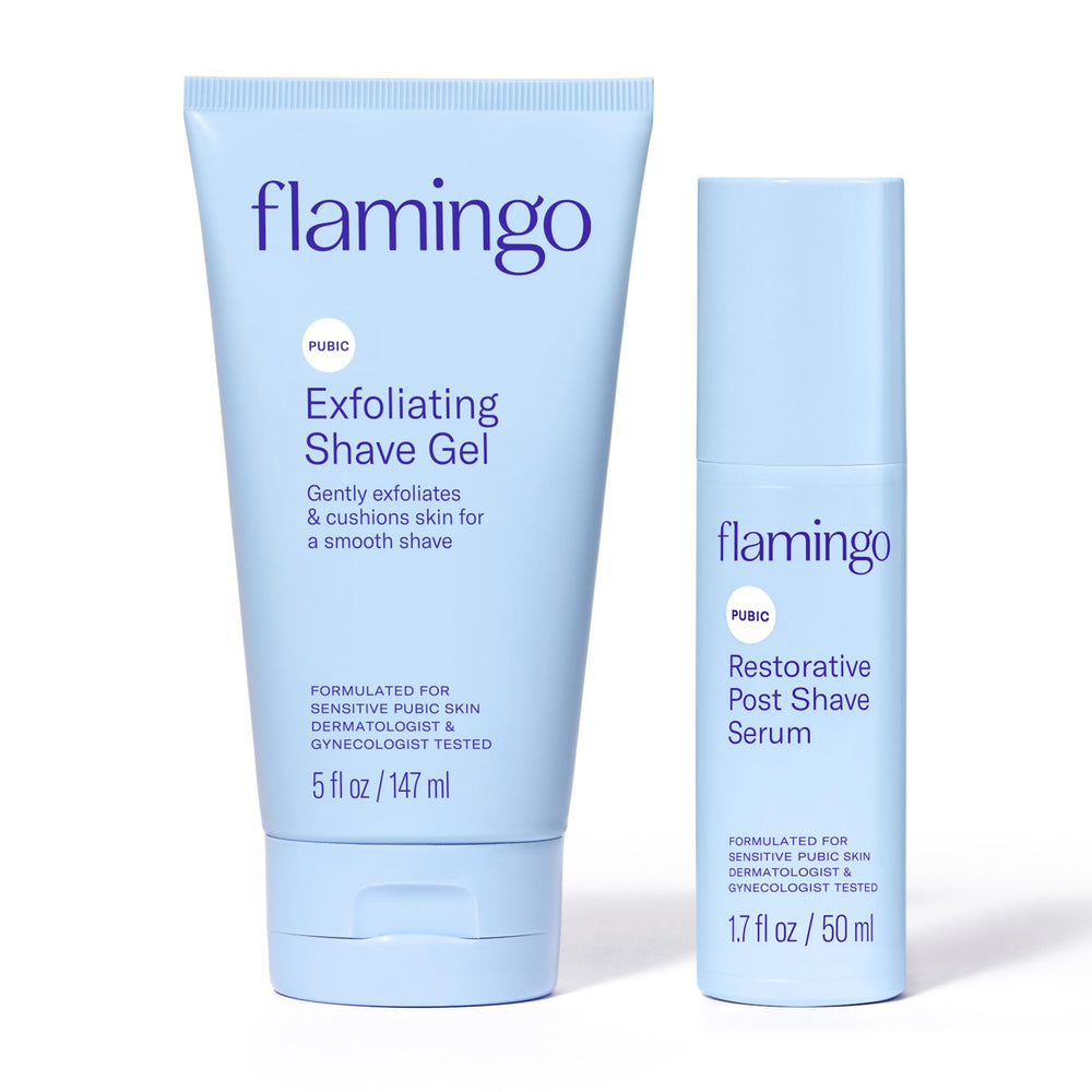 Flamingo Exfoliating Shave Gel bottle shows gentle exfoliation for a smoother shave