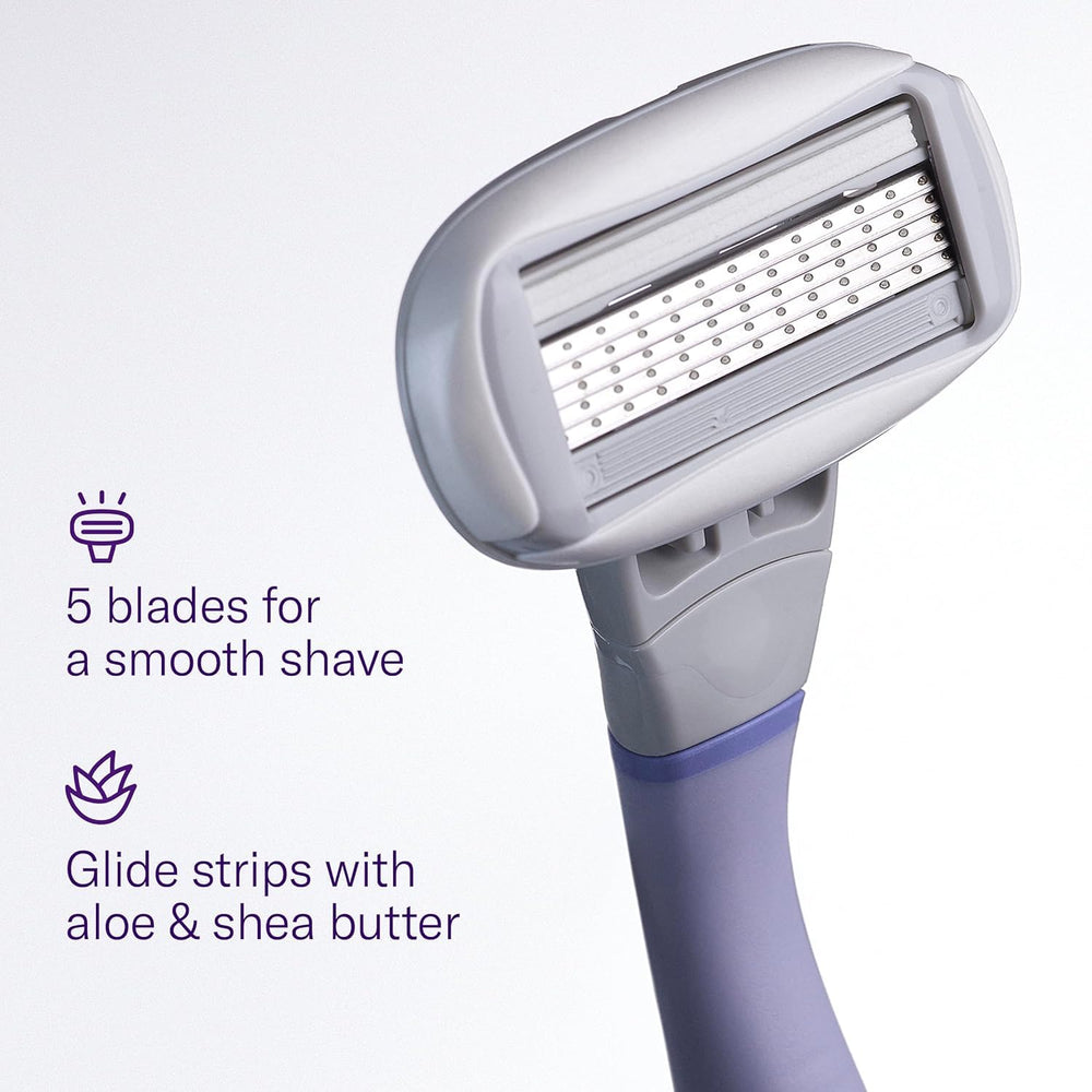 Flamingo five-blade cartridge delivers precise, smooth shave for legs and curves.