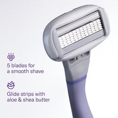 Flamingo five-blade cartridge delivers precise, smooth shave for legs and curves.