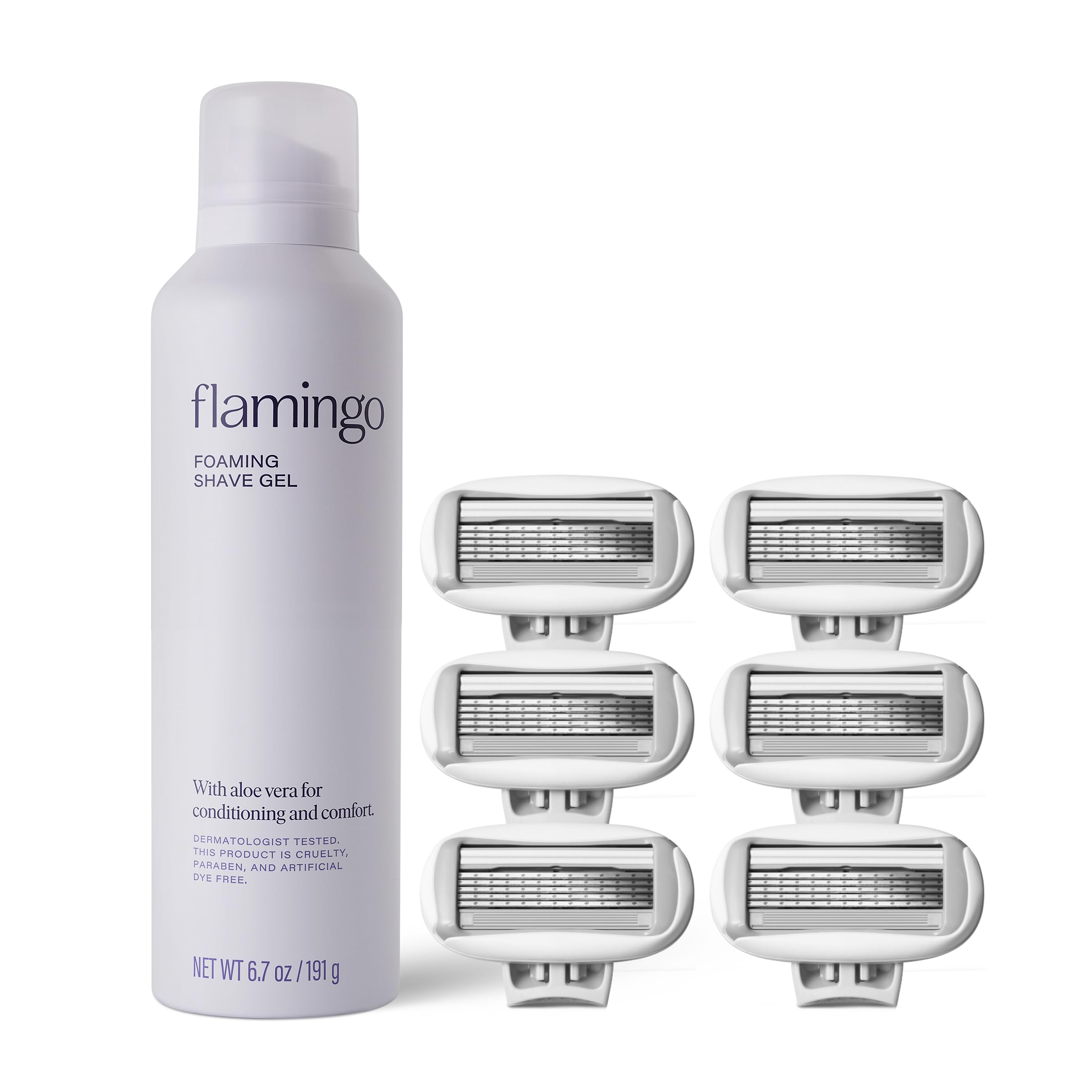 Flamingo foaming shave gel bottle showing aloe and iris lemon notes for a smooth shave