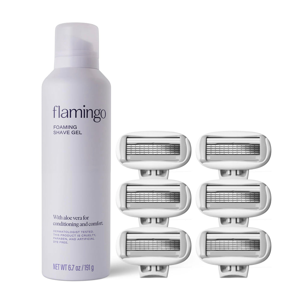 Flamingo foaming shave gel bottle showing aloe and iris lemon notes for a smooth shave