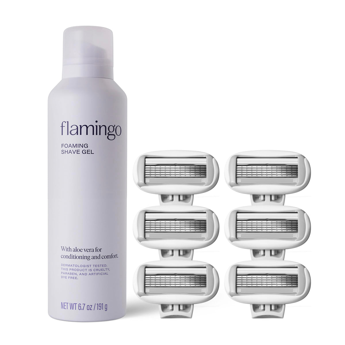 Flamingo foaming shave gel bottle showing aloe and iris lemon notes for a smooth shave