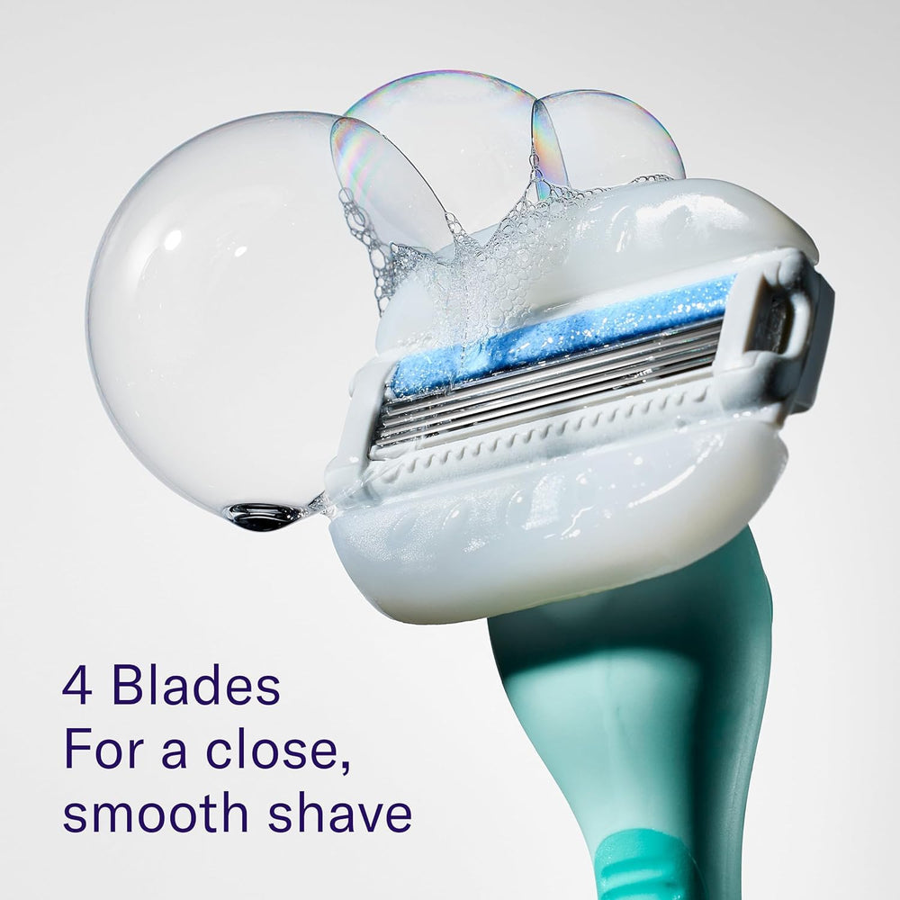 Flamingo four-blade system close-up for a precise shave.