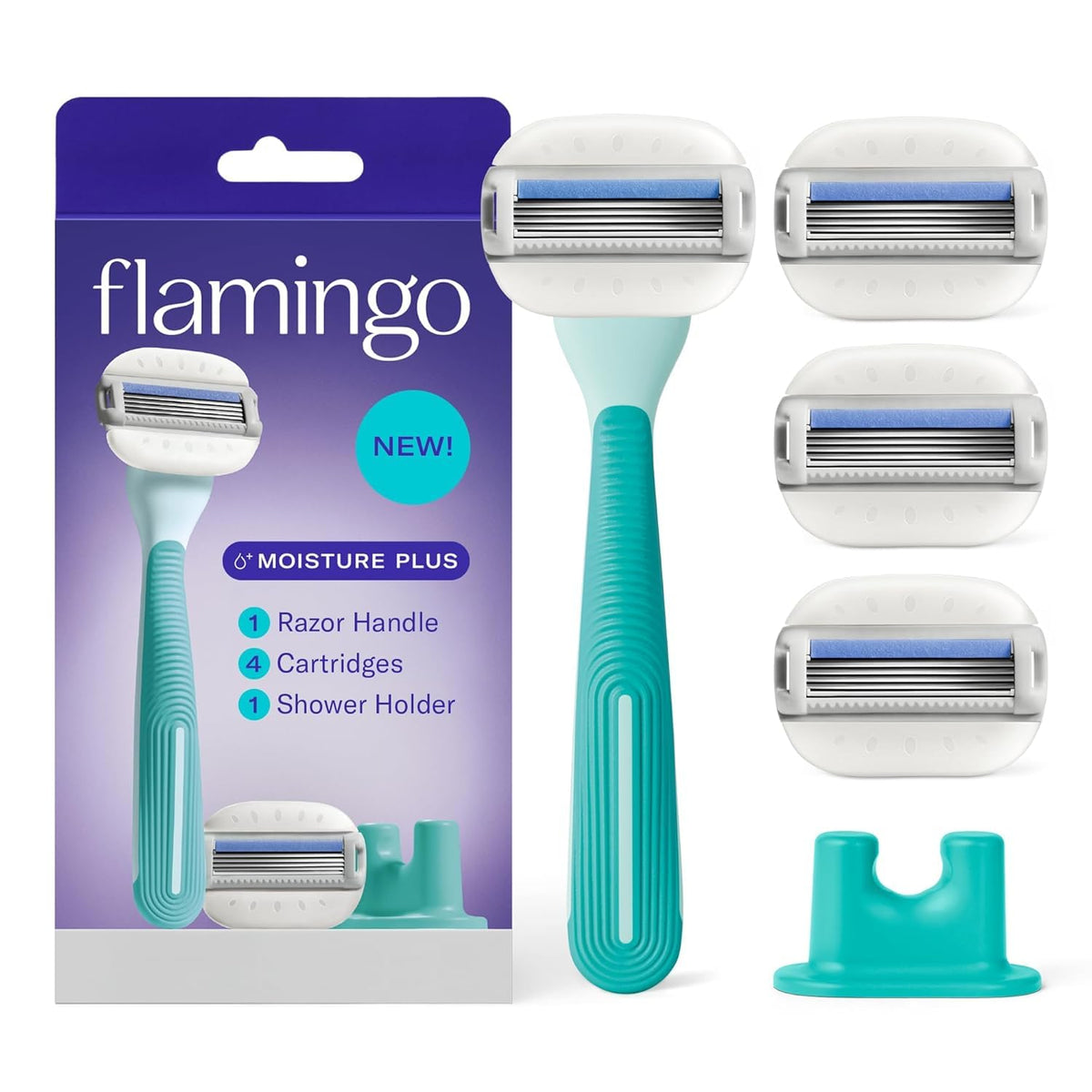 Flamingo Moisture Plus razor handle with ergonomic grip for a secure, comfortable shave