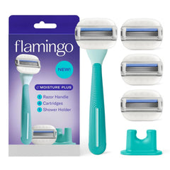 Flamingo Moisture Plus razor handle with ergonomic grip for a secure, comfortable shave