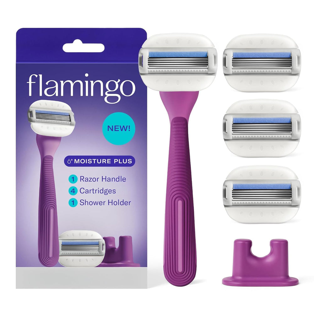 Flamingo Moisture Plus razor handle with ergonomic, no-slip grip for controlled wet-shower shaving.