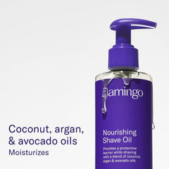 Flamingo Nourishing Shave Oil bottle ready for luxurious glide.