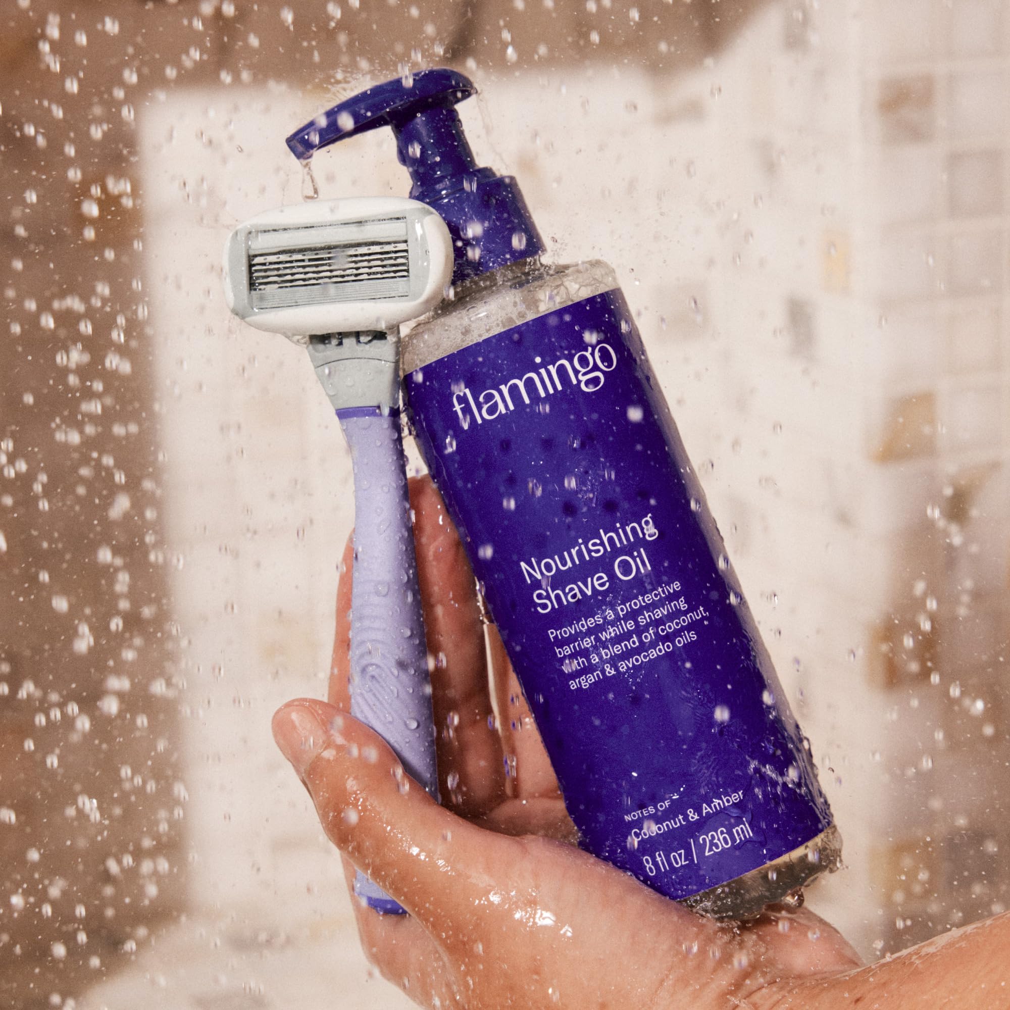 Flamingo Nourishing Shave Oil coconut amber scent close-up