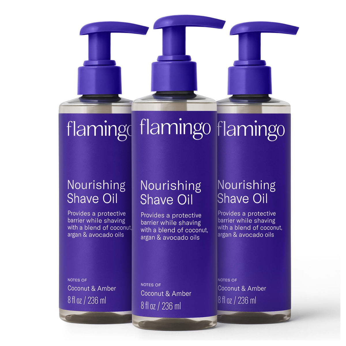 Flamingo Nourishing Shave Oil bottle with coconut glide for smooth shaving