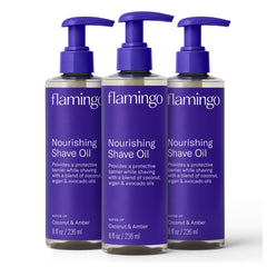 Flamingo Nourishing Shave Oil bottle with coconut glide for smooth shaving
