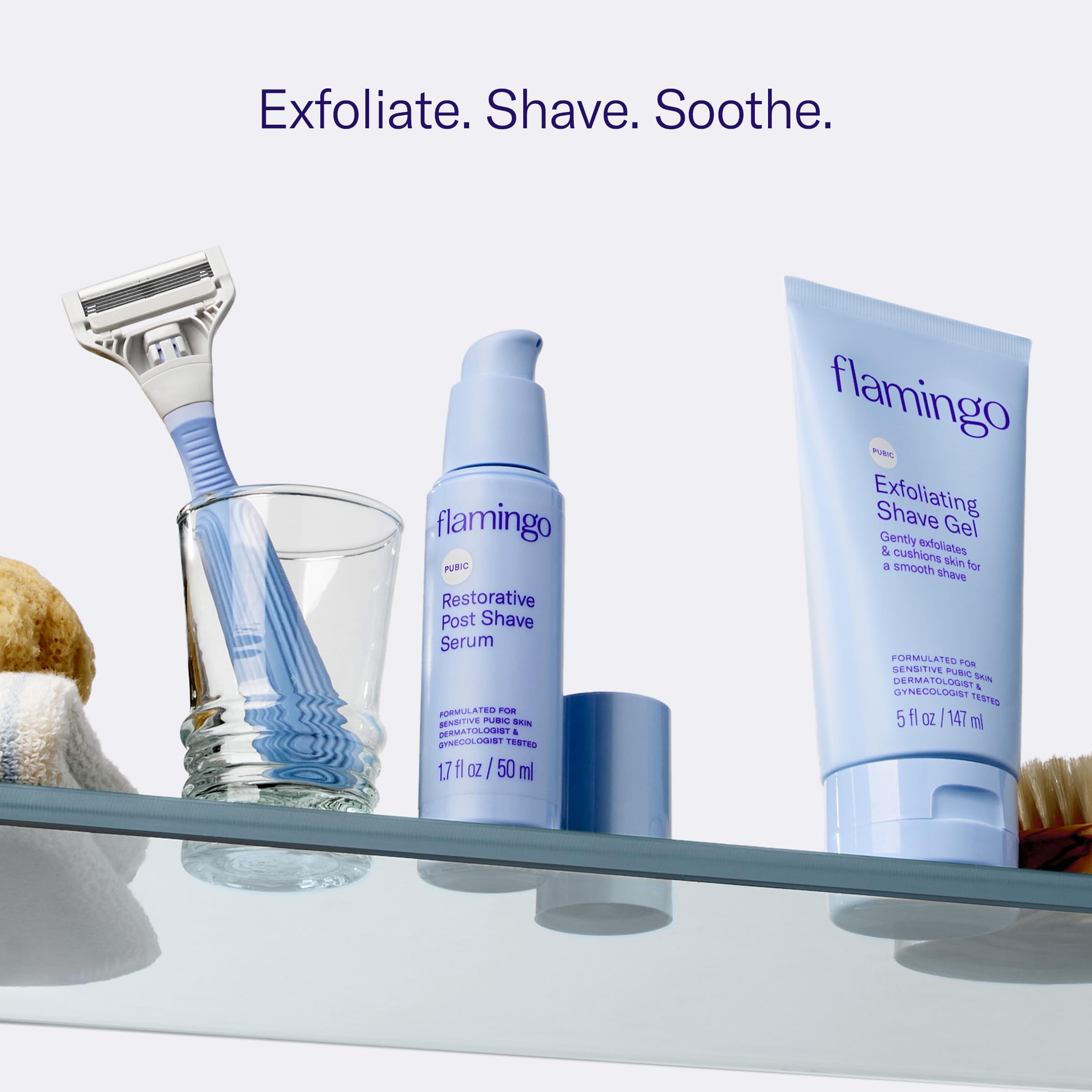 Flamingo Pubic Razor and set display shows a cohesive shaving routine