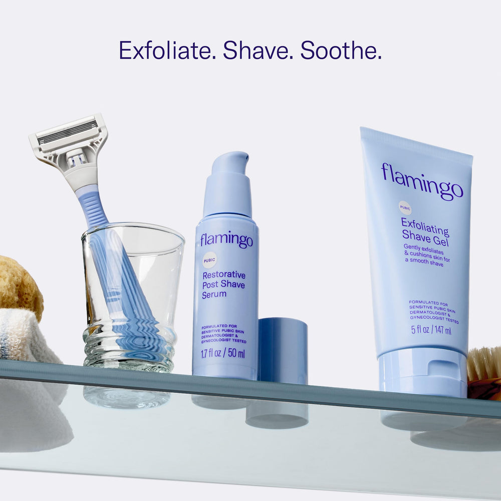 Flamingo Pubic Razor and set display shows a cohesive shaving routine