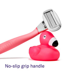 Close-up of Flamingo five-blade cartridge for lasting smoothness.