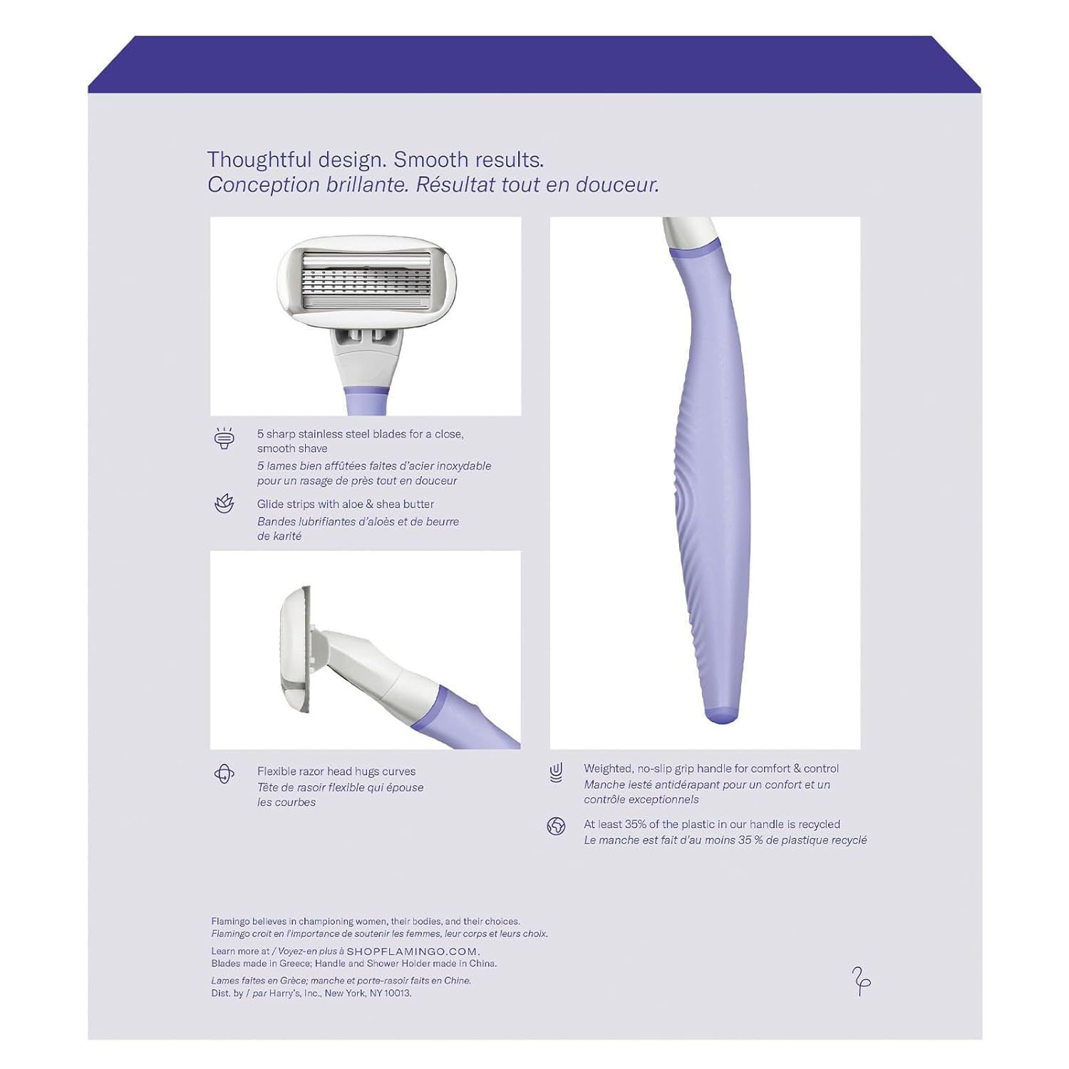 Flamingo five-blade refill highlights close, smooth results.