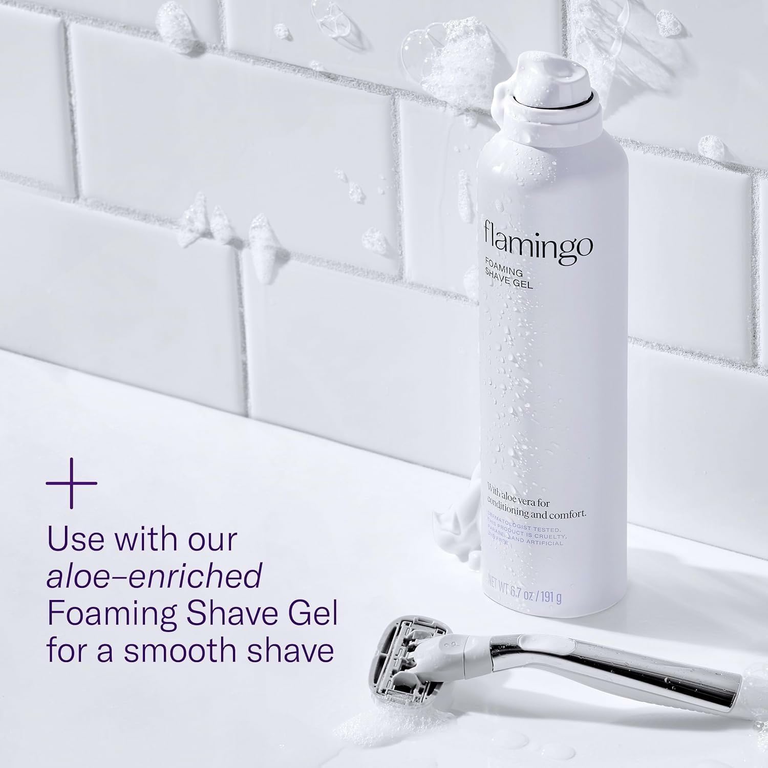 Flamingo five-blade system aims for a close, confident shave.
