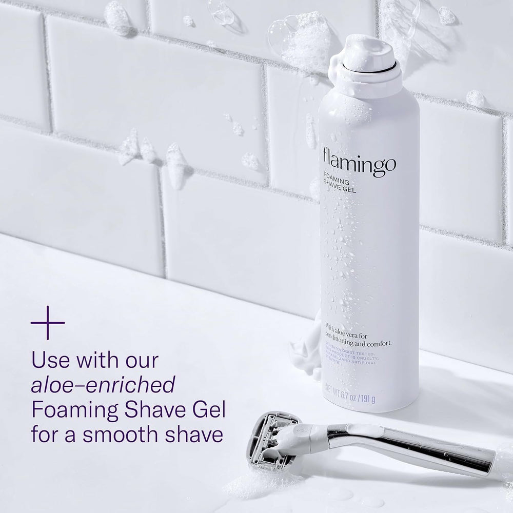Flamingo five-blade system aims for a close, confident shave.
