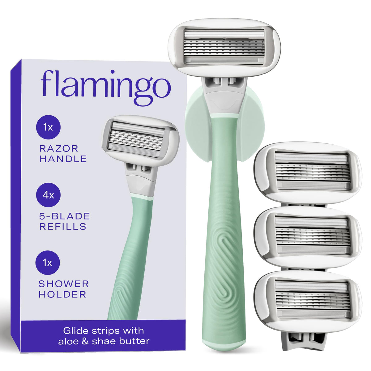 Flamingo razor handle with sage finish offers secure, comfortable grip for precise shaving