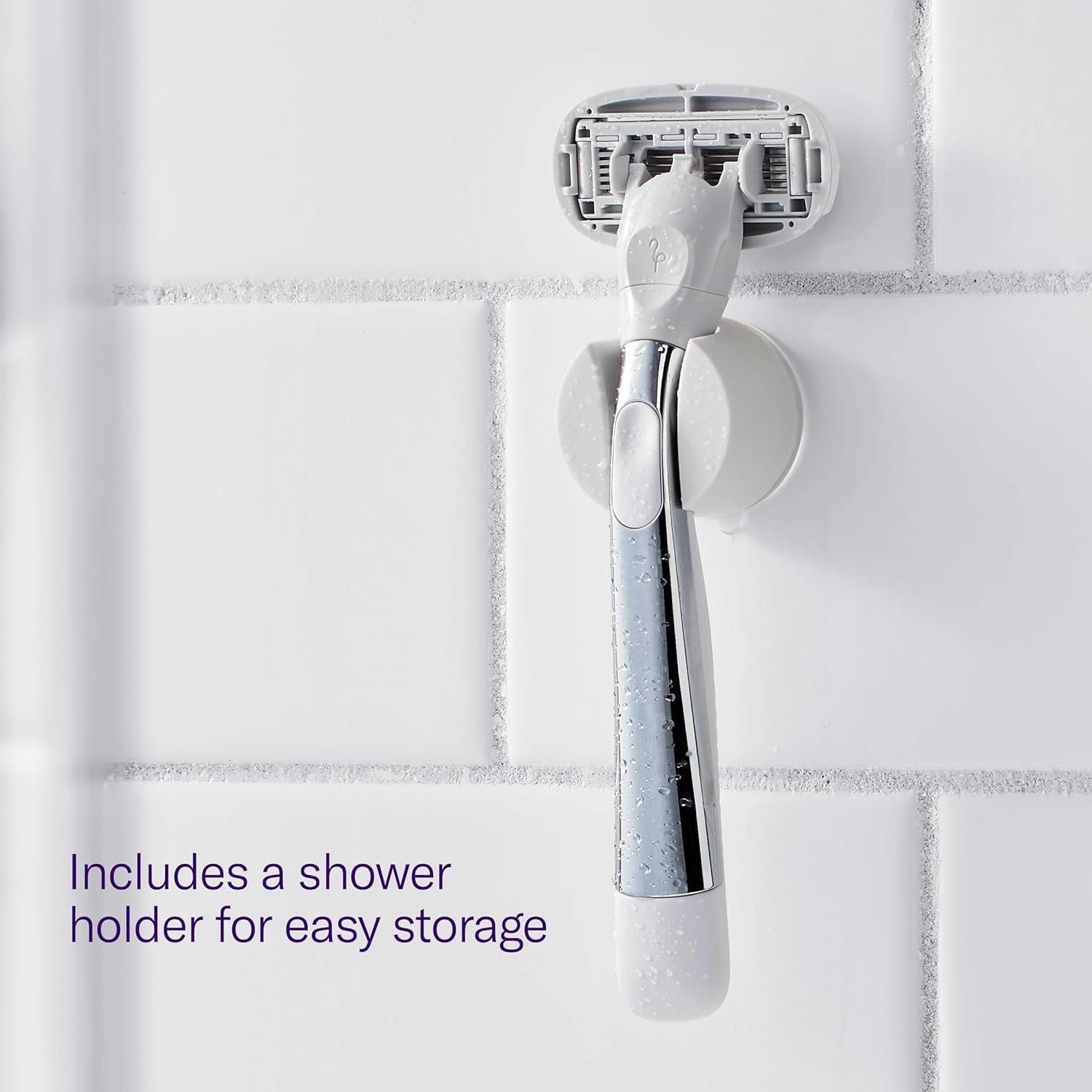 Flamingo Shower Holder keeps the razor within reach while protecting it from water.
