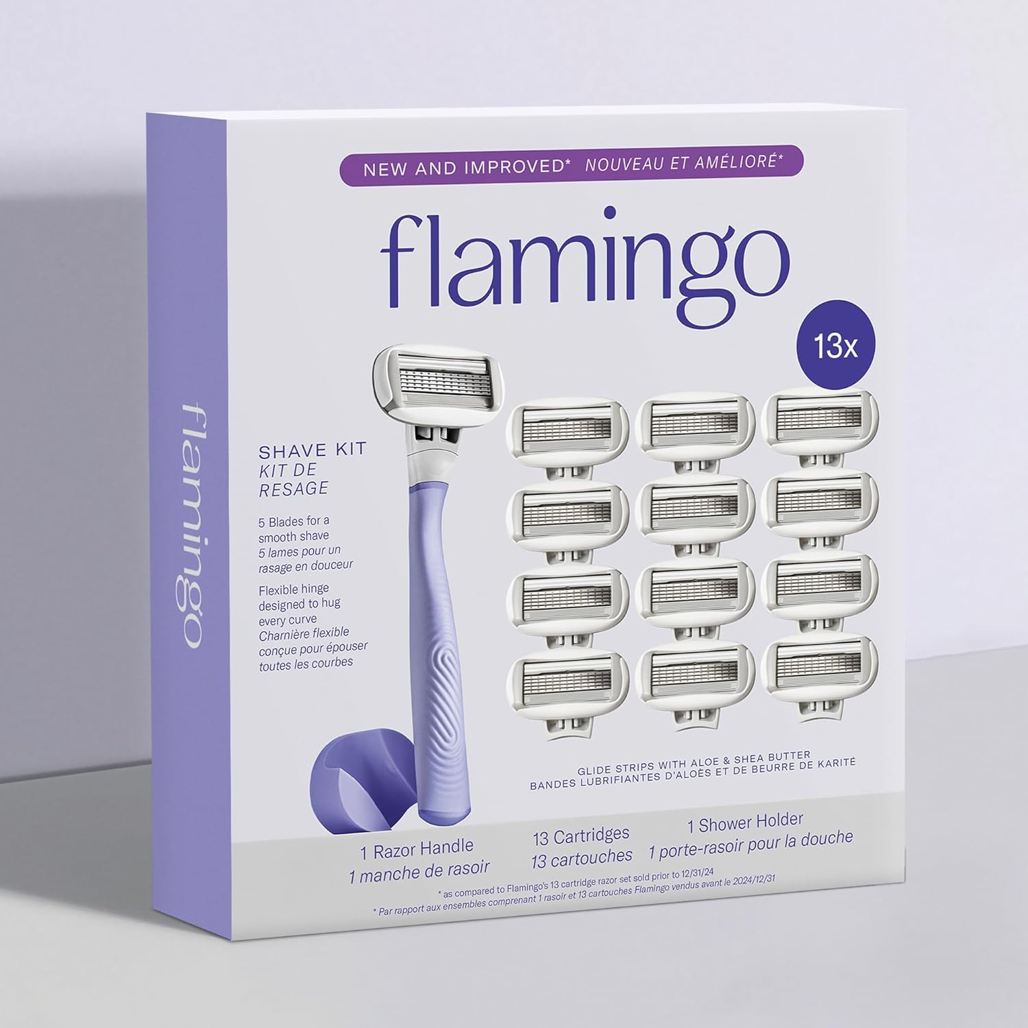Flamingo shower holder keeps razor accessible and dry after use.