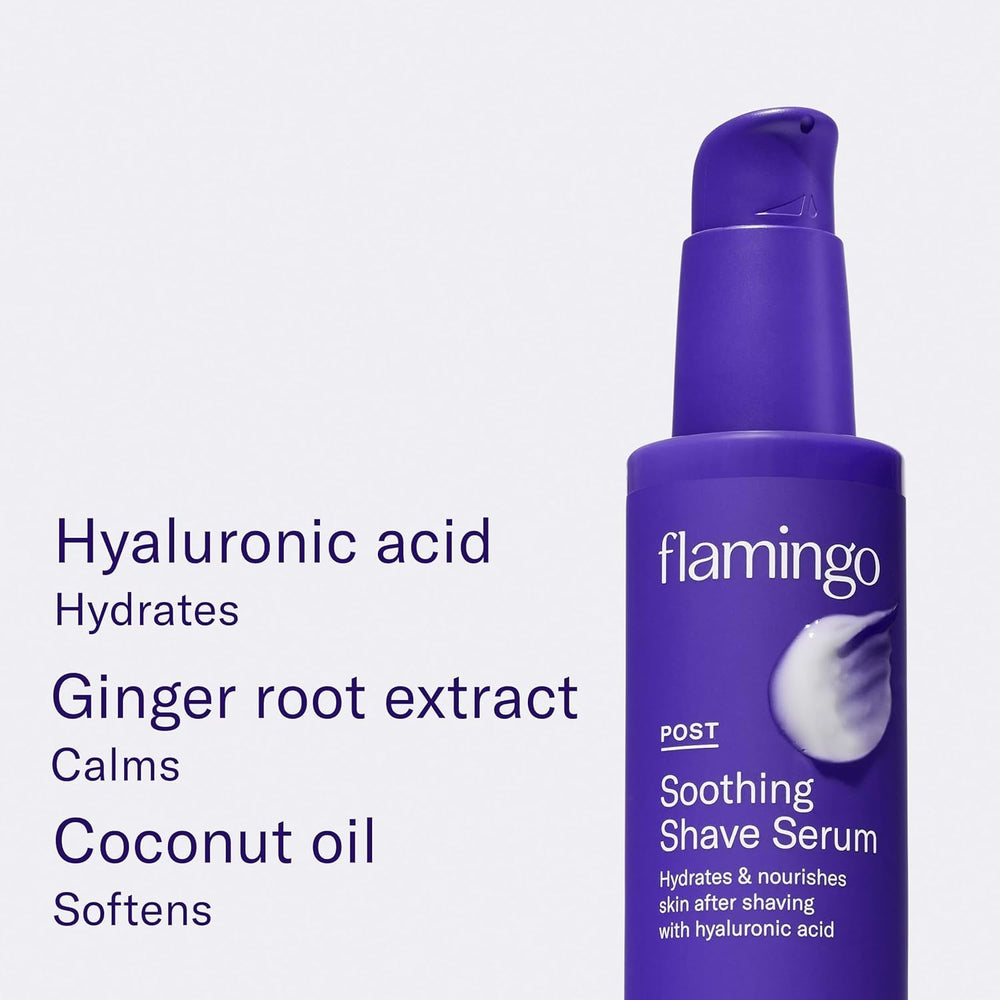Flamingo Soothing Post Shave Serum bottle hydrated skin.