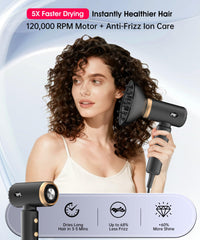 Flashbase Travel Hair Dryer 120,000 RPM motor dries hair quickly.