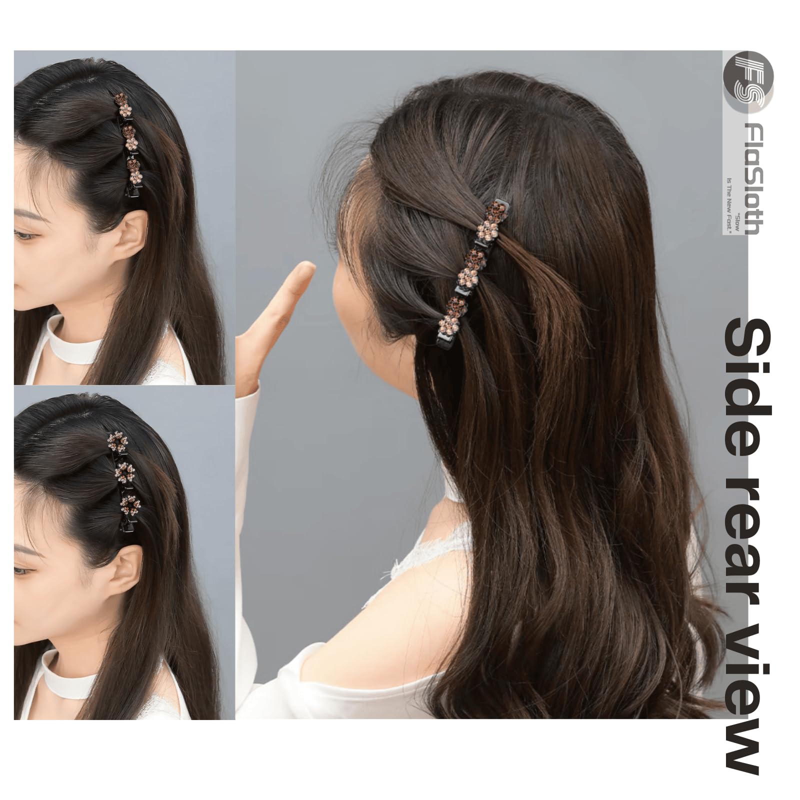 FlaSloth braid-friendly clips shown securing hair for chic styles.