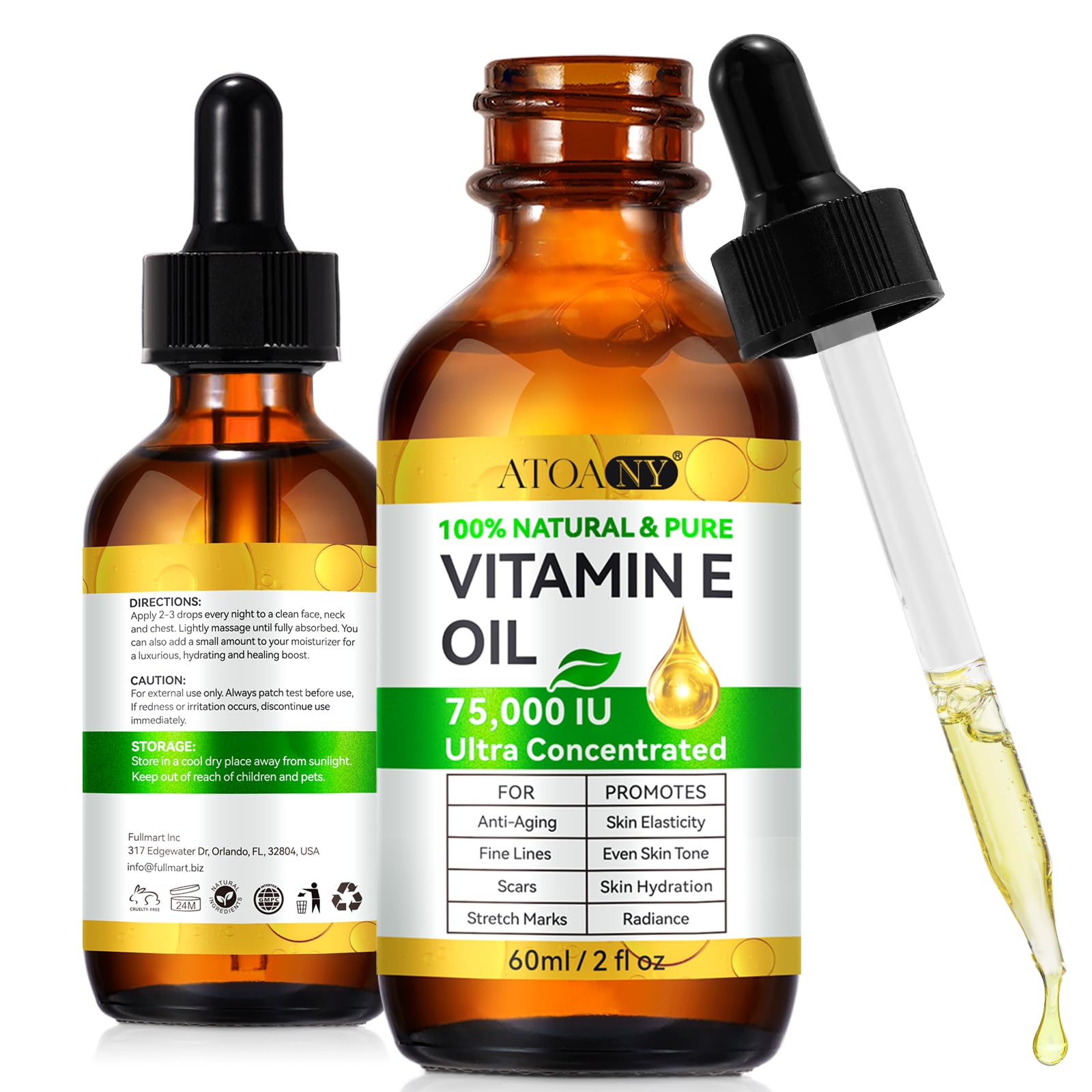 Flasture Vitamin E Oil bottle pour delivering deep hydration for dry skin.