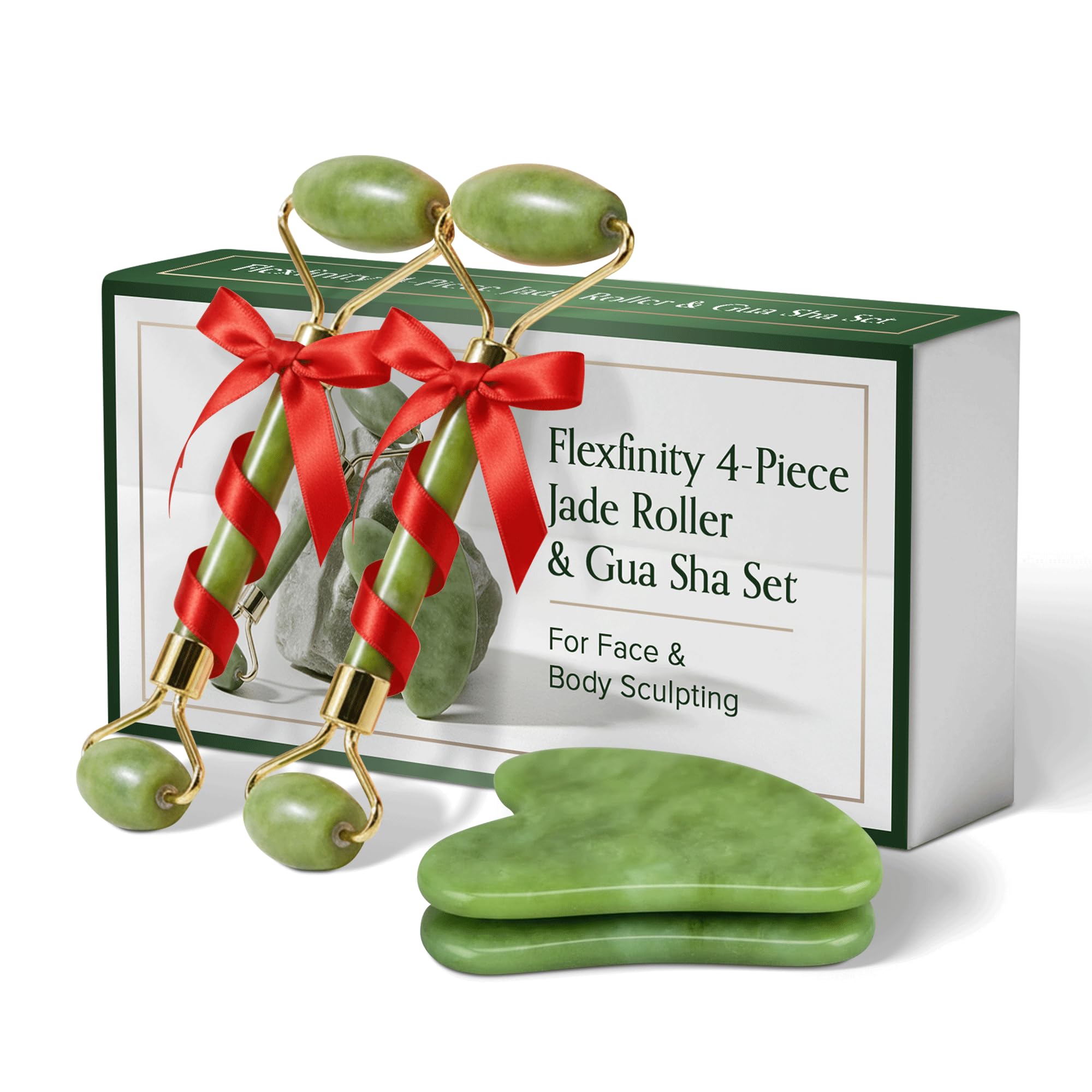 Flexfinity Jade Roller face closeup showing smooth surface and cooling touch for refreshed skin