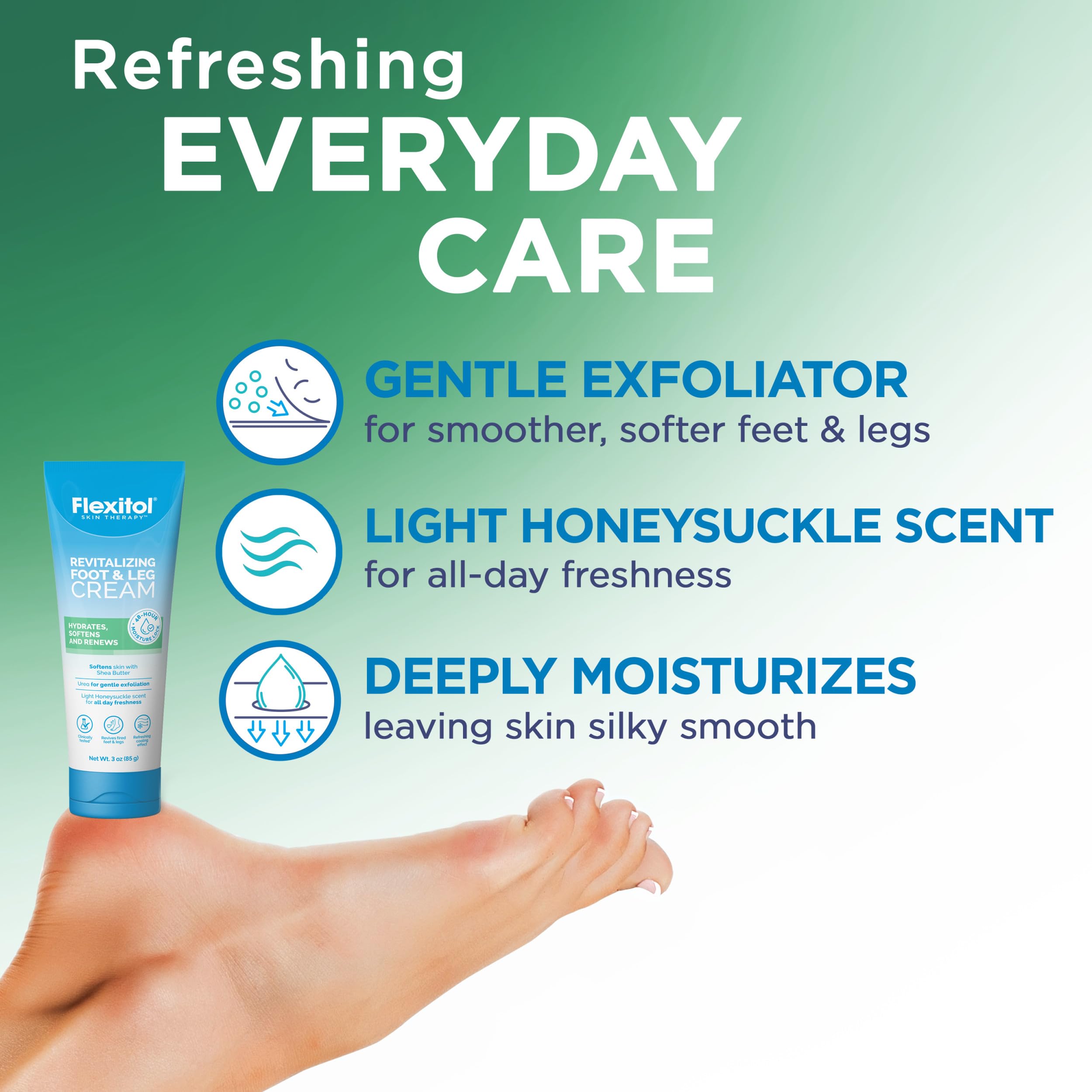 Close-up of leg skin smoothing with Flexitol Revitalizing Foot and Leg Cream.