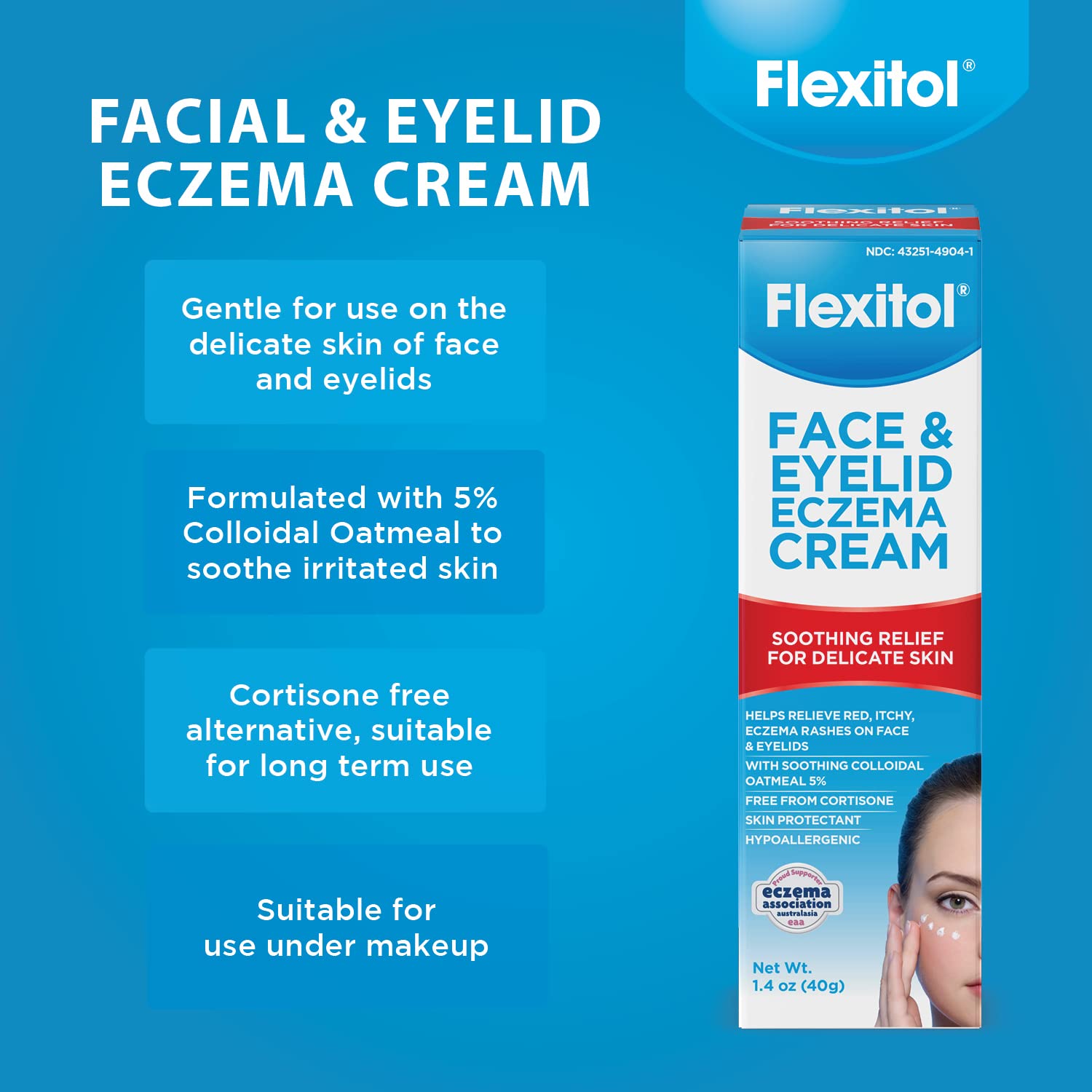 Aplicación diaria de Flexitol, cuida piel sensible alrededor de ojos.