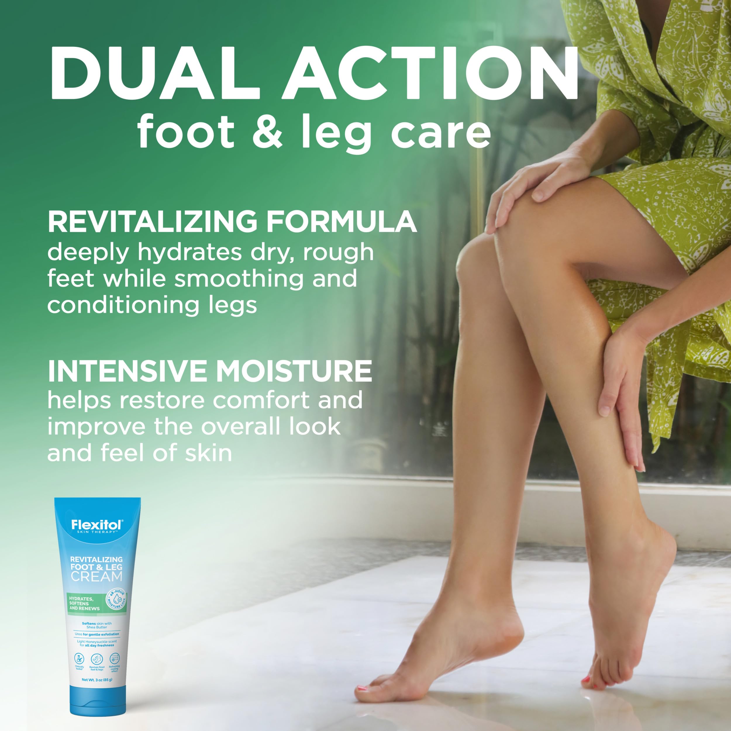 Flexitol foot cream being applied to soothe dry skin on feet.